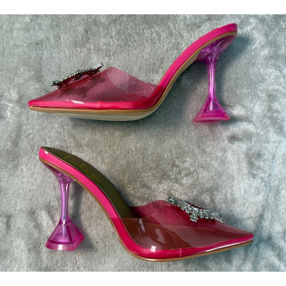 Lulus Rhinestone Pink Translucent PVC Mules Martini Shaped Heels Womens Size 8 - Picture 2 of 6